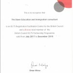 British Council IELTS registration certificate Bronze Level